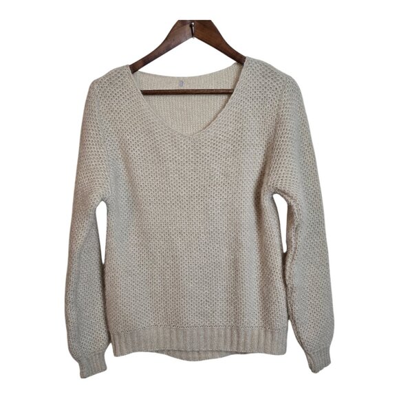 ITALY Women Textured Knit Sweater Soft Long Sleeve V-Neck Pullover Beige Small - Picture 1 of 13